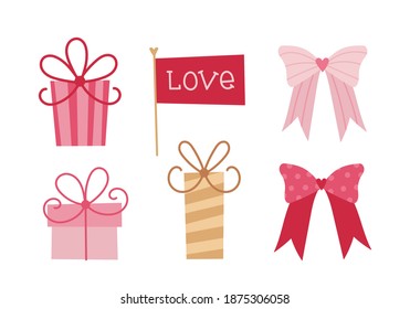 Valentine's day vector pink set of red flag with word LOVE, pink and craft gift boxes, hot pink ribbon bows. Valentine's day elements for greeteng cards design.