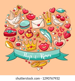 Valentine's day vector postcard. Hand drawn cute doodle card for St. Valentine's day. Cartoon symbols of love: hearts, doves, love potion, love arrow, crown, macaroon, lips. St. Valentine's lettering.