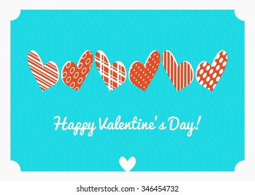 Valentine's day vector postcard. Isometric hearts dots and stripes on blue background.