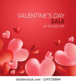 Valentine's Day vector poster or banner with sale promo discount text with heart elements on the red color background for shopping promotion