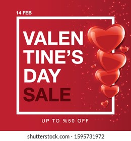 Valentine's Day vector poster or banner with sale promo discount text with heart elements on the red color background for shopping promotion