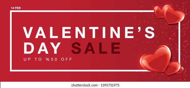 Valentine's Day vector poster or banner with sale promo discount text with heart elements on the red color background for shopping promotion
