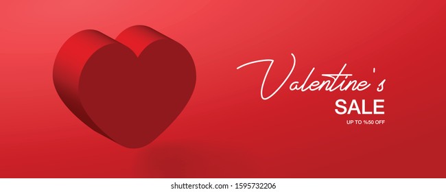 Valentine's Day vector poster or banner with sale promo discount text with heart element on the red color background for shopping promotion