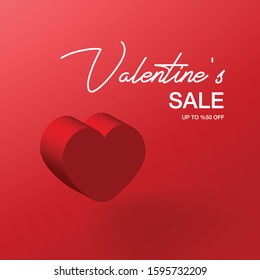 Valentine's Day vector poster or banner with sale promo discount text with heart element on the red color background for shopping promotion
