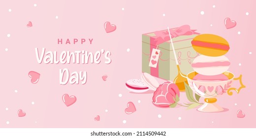 Valentine's Day vector poster or banner with sweet gift, sweet macaroons and lovely items on pink background. Promotion shopping template or background for Love and Valentine's day concept