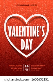 Valentines day vector poster design template with paper style sign and heart frame on red glitter background