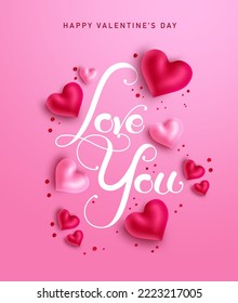 Valentine's day vector poster design. Love you typography text with cute hearts in pink background for valentine romantic greeting card decoration. Vector illustration.
