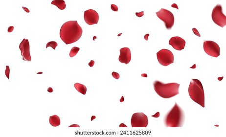 Valentine's day Vector red symbols of love border for romantic banner or Red rose petals will fall on abstract floral background with gorgeous rose greeting card design. on transparent background