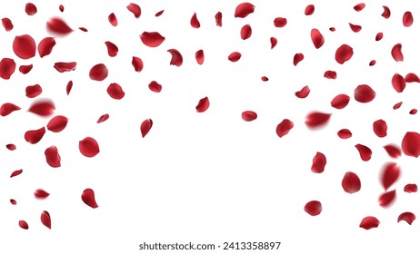 Valentine's day Vector red symbols of love border for romantic banner or Red rose petals will fall on abstract floral background with gorgeous rose greeting card design. on transparent background