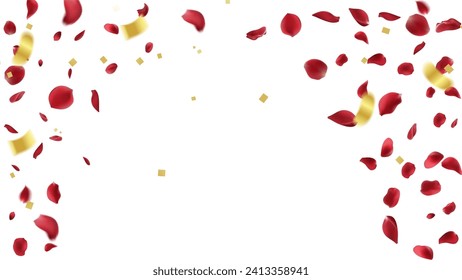 Valentine's day Vector red symbols of love border for romantic banner or Red rose petals will fall on abstract floral background with gorgeous rose greeting card design. on transparent background