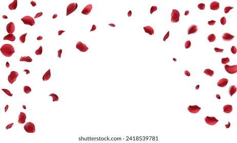 Valentine's day Vector red symbols of love border for romantic banner or Red rose petals will fall on abstract floral background with gorgeous rose greeting card design. on transparent background