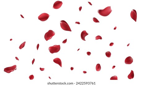 Valentine's day Vector red symbols of love border for romantic banner or Red rose petals will fall on abstract floral background with gorgeous rose greeting card design. on transparent background