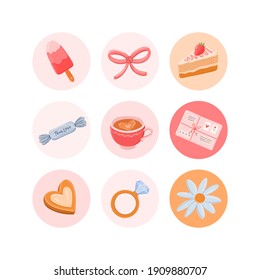Colocación de stickers redondos vectoriales del día de San Valentín. Iconos de portada de resúmenes románticos en medios sociales