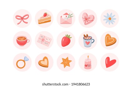 Valentines day vector round stickers set. Romantic highlights cover icons for social media. Cake, love letter, coffee mug, heart, cookie, diamond ring, star, flower illustrations
