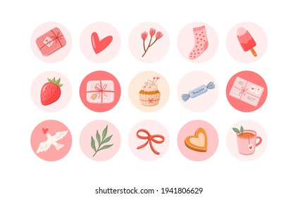 Valentines day vector round stickers set. Romantic highlights cover icons for social media. Gifts, love letter, cookie, cupcake, ice cream, dove, tea mug illustrations