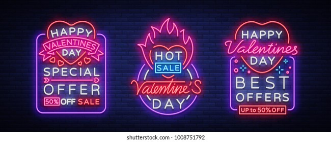 Valentine's day vector sales, set of design patterns for posters in neon style. Collection of Neon signs, neon banner, bright night advertising, brochure, flyer, postcard. Vector illustration