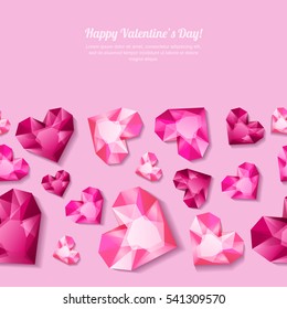 Valentines day vector seamless background with 3d stylized pink heart diamonds, gems, jewels. Concept for Valentines banner, poster, flyer, party invitation.