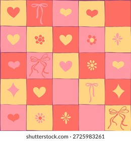 Valentinstag Vektor nahtlos kariertes Muster. Süße Schleifen und Herzen auf farbenfrohen Plätzen. Whimsical rosa und gelbe romantische Tapete.