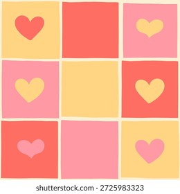 Dia dos Namorados vetor padrão quadriculado sem costura. Corações multicoloridos bonitos em células quadradas. Papel de parede romântico rosa e amarelo fantástico.
