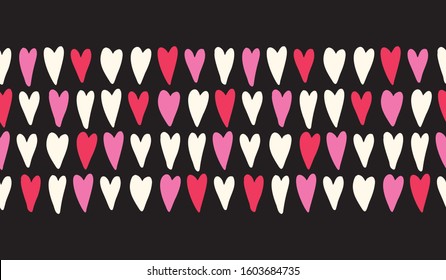 Valentine's Day Vector Seamless Horizontal Border Pattern with Hand-Drawn Pink and Read Hearts on Black Background. Cute Girly Feminine Romantic Print