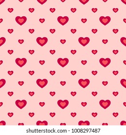 Valentines day vector seamless pattern with hearts. Abstract geometric texture in pink and red colors. Love romantic theme. Festive lovely background. Repeat design for prints, wrapping, wedding decor