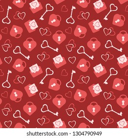 Valentine's Day vector seamless pattern. Flat cartoon elements on red background. Perfect for wrapping paper, textile or greeting cards.  