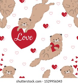 Valentine's Day Vector Seamless Pattern Otter with Hearts  