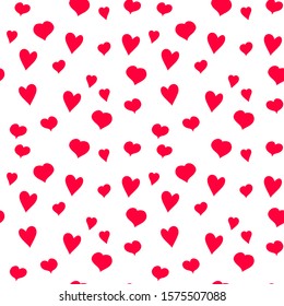 Valentines day vector seamless pattern with red hearts. Hand drawn red hearts on white background for print pattern on packaging, wrapper, box, cards. Valentines day, love and relationships concept