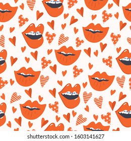 Valentine's Day vector seamless pattern with hearts and lips. Hand drawm elements on white background. Great design for wrapping paper, postcard, banners, printing.