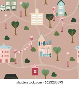 Valentine's day vector seamless pattern with multicolor buildings, beautiful view in pedestrian area, pavement, lanterns and street cafe