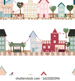 Valentine's day vector seamless pattern with multicolor buildings,beautiful view in pedestrian area, pavement, lanterns and street cafe