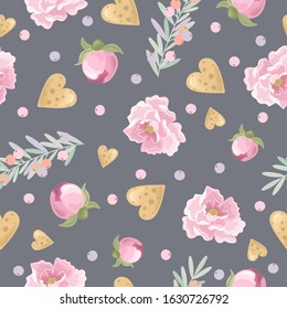 Valentine's day vector seamless pattern with romantic elements. Vector illustration.
Template for invitation, printing on fabric, paper.
