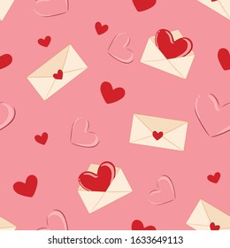 Valentine's day vector seamless pattern with envelope and hearts on a pink background.