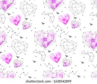 Valentine's day. Vector seamless pattern with geometric hearts, polygonal hearts, diamond hearts. Pattern for fabric, textile, wrapping paper, wallpaper, backdrop for wedding, invitation card.