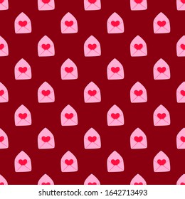 Valentine's Day vector seamless pattern; cute holiday design with envelopes on dark red background for greeting cards, wallpaper, fabric, wrapping paper, textile, package, web design.