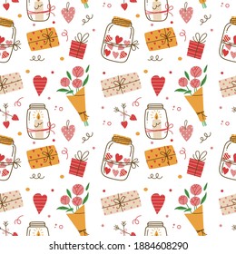 Valentine's Day vector seamless pattern. Hearts in a glass jar, candle, flowers, gifts, cupid's arrows. Cartoon style on a white background