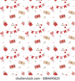 Valentine's Day vector seamless pattern on white background. Garland, cupid's arrows, gifts with bows, hearts. Cartoon hand drawn style