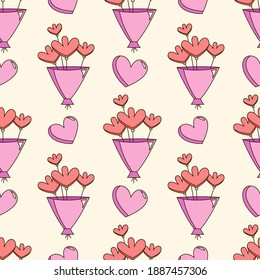 Valentine's day vector seamless pattern with bouquet of hearts in pastel colors 