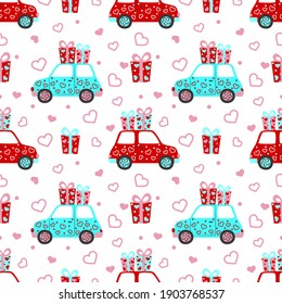 Valentinstag Vektor nahtloses Muster. Cartoon Auto mit Geschenken und Herzen nahtlose Textur. Textilien, Wickelpapier, Tapete-Design, Verpackung. Flaches Design. 