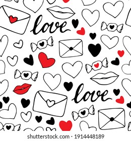 valentine's day vector seamless pattern. Hearts, lips, candy, love letters. Love theme