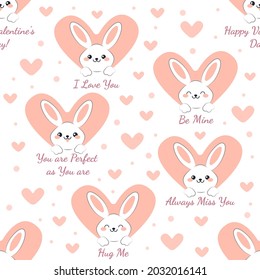 Valentine's Day Vector Seamless Pattern with cute rabbits, pink hearts and lettering. Ideal for fabric, textiles, wrapping paper, gift wrapping, background design, postcards