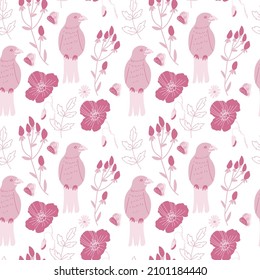 Valentine's Day vector seamless pattern with birds, flowers and butterflies in pink on white.Festive,doodle style hand drawn favorite.Designs in wrapping paper,textiles,scrapbook,packaging,wallpaper.