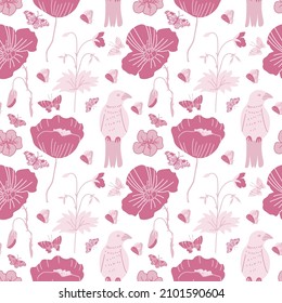 Valentine's Day vector seamless pattern with birds, flowers and butterflies in pink on white.Festive,doodle style hand drawn favorite.Designs in wrapping paper,textiles,scrapbook,packaging,wallpaper.