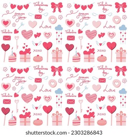 Valentines day vector seamless pattern. Doodle hand drawn illustration of cute romantic love background.
