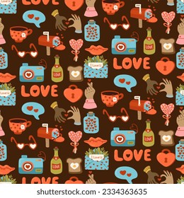 Valentines day vector seamless pattern. Gift, heart, balloon, kiss, key, candy, and other elements texture. Romantic Cartoon love wedding background