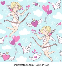 Valentines day vector seamless pattern. Blue sky with clouds and flying objects - cupid girl, winged hearts, balloons, birds and love letter. Cute cartoon style.