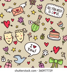 Valentine's Day vector seamless pattern with hearts, flowers, bows, stars, gifts, envelopes and other romantic elements
