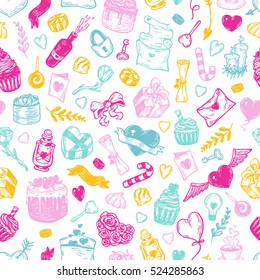 Valentine's day. Vector seamless pattern with hand drawn elements. Valentine, romantic, love. Hearts, sweets, flowers, gifts.