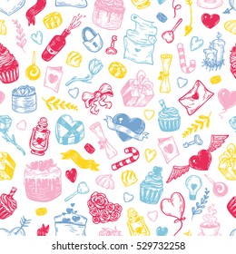 Valentine's day. Vector seamless pattern with hand drawn elements. Valentine, romantic, love. Hearts, sweets, flowers, gifts.