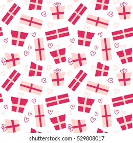 Valentine's Day vector seamless pattern. Flat cartoon gifts and presents on white isolated background. Cute girly pattern design. Great for wrapping and textile.